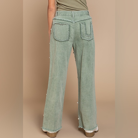 POL Sage Green Beaded Distressed Raw Hem Straight Leg Denim - Picture 2 of 5